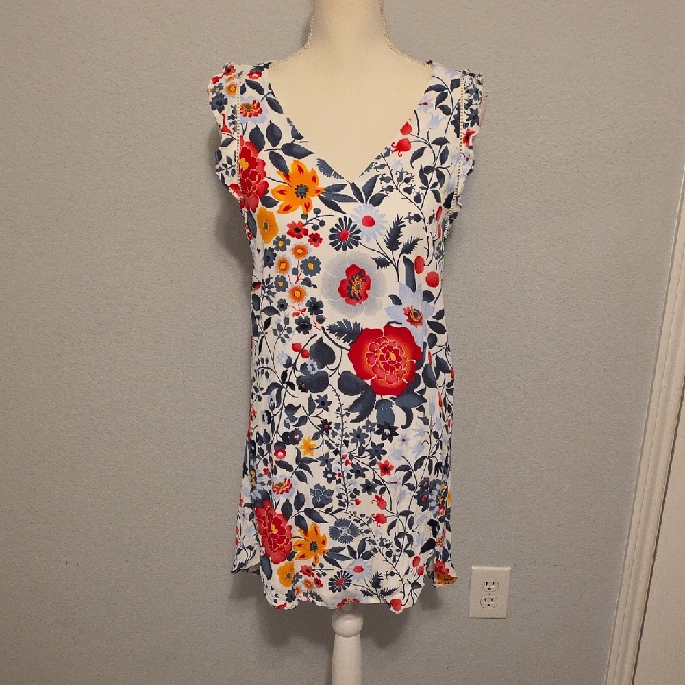 LOFT Red and Blue Ruffled Sleeve Dress